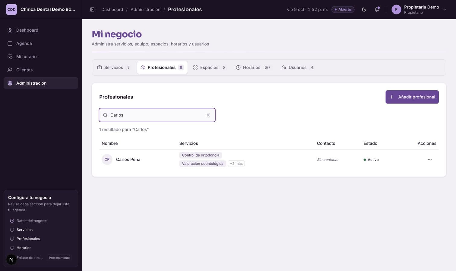 Búsqueda de un profesional y sus servicios asignados.